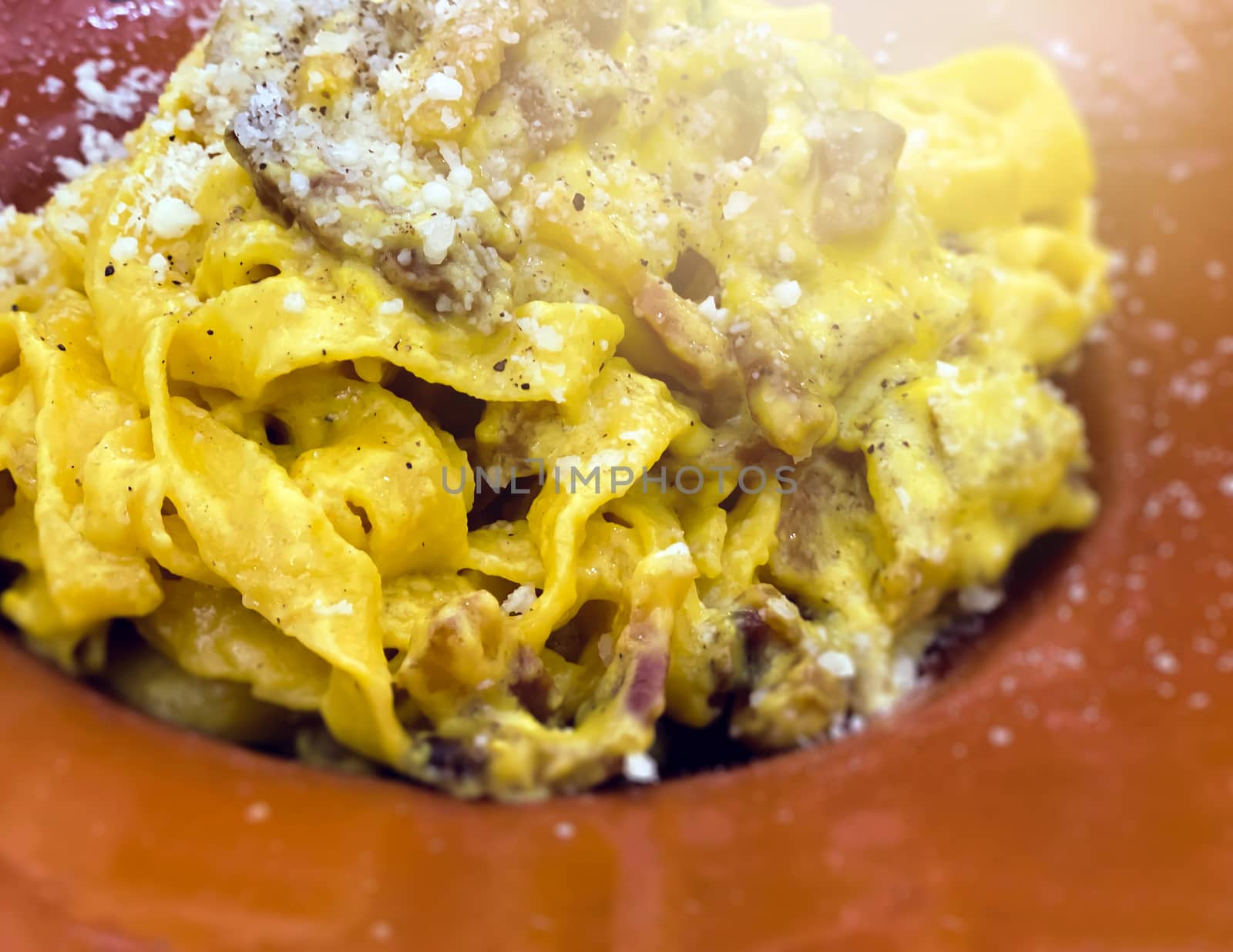 close-up view of a portion of pasta with carbonara sauce cooked with eggs, bacon and topped with pecorino cheese and parmesan. Typical Italian food and cuisine.