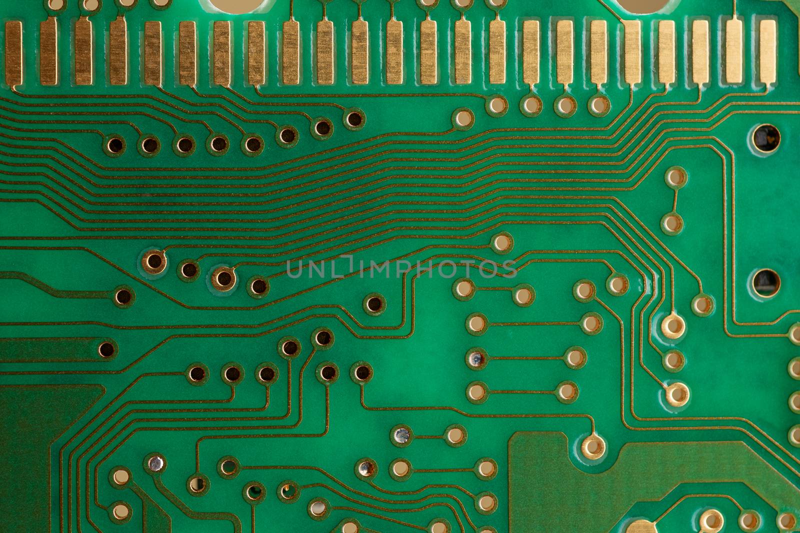 Empty PCB board supermacro closeup. Board without components.