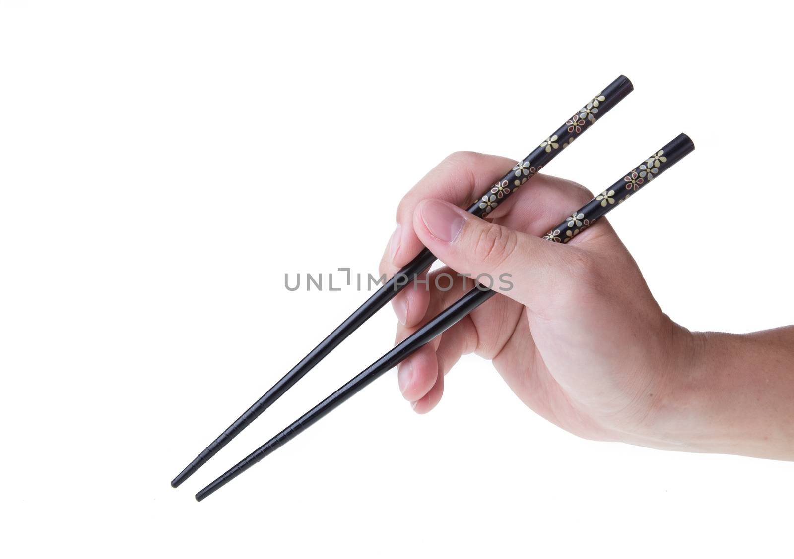 man hand holding chopsticks isolated on a white background
