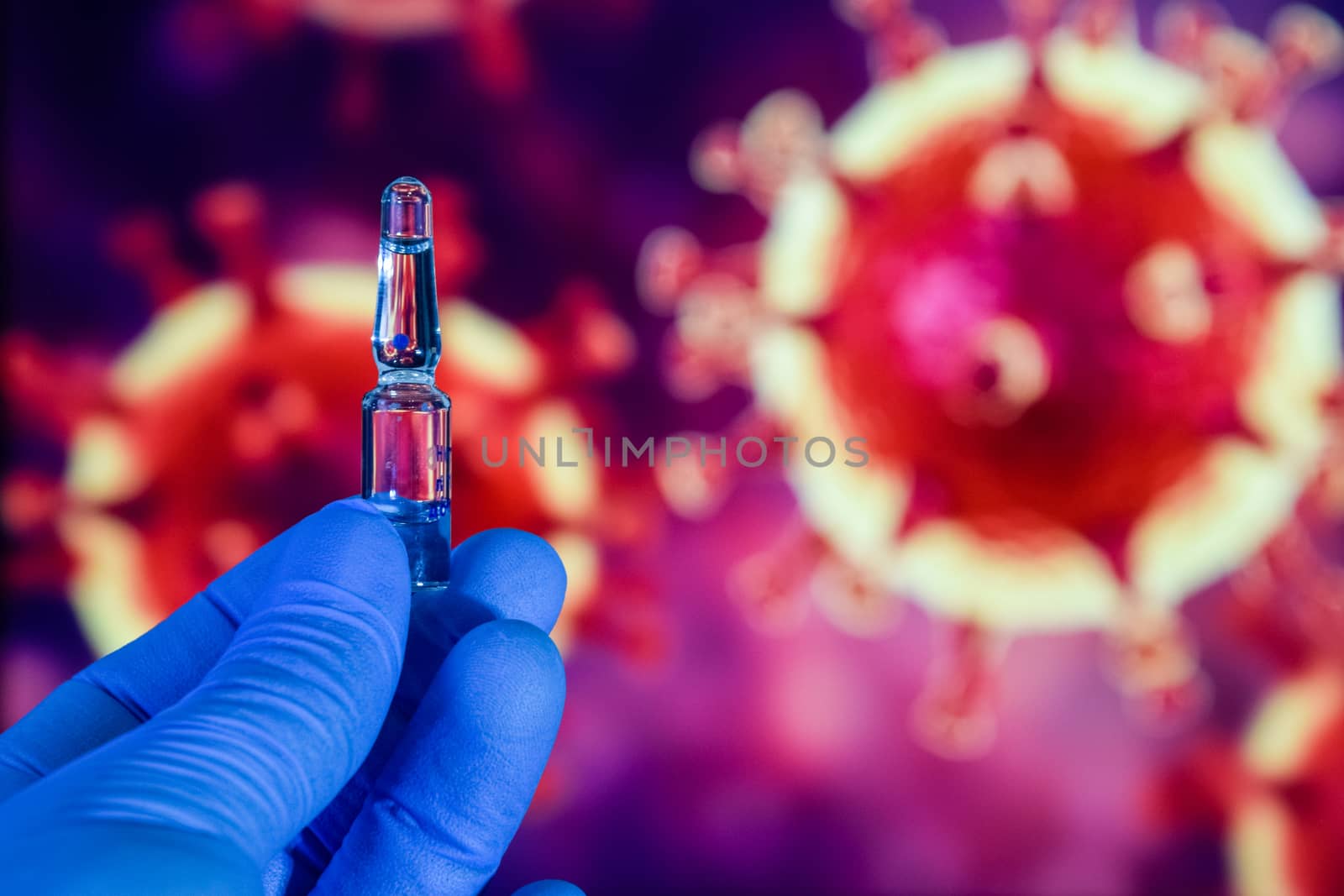 Coronavirus vaccine. A hand in medical gloves holds a vaccine and a syringe against the background of the image of a coronavirus. covid-19,