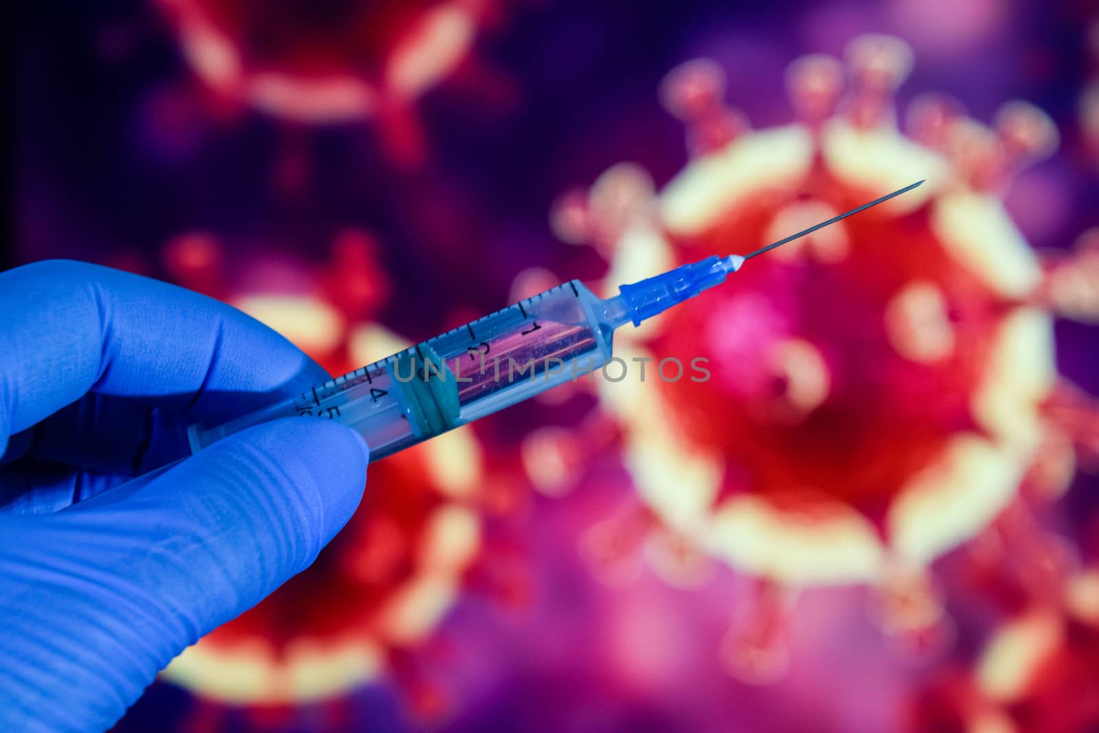 Coronavirus vaccine. A hand in medical gloves holds a vaccine and a syringe against the background of the image of a coronavirus. covid-19,