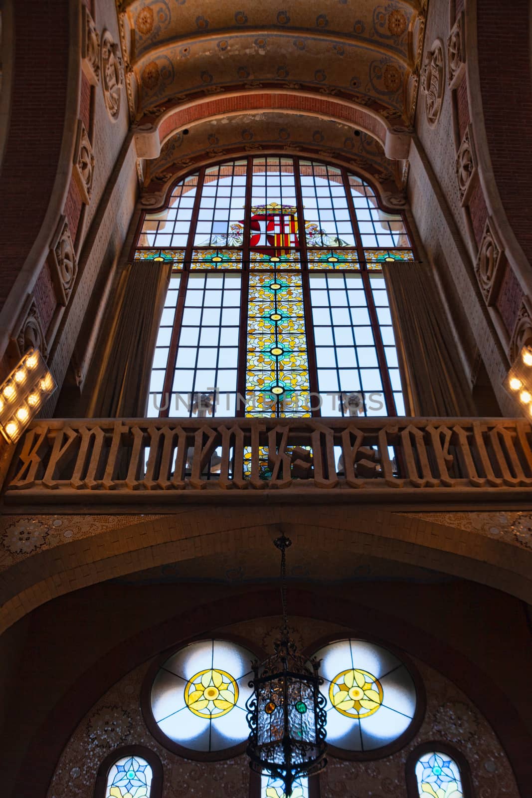 Barcelona, Spain - 7 March 2014: Hospital de Sant Pau interior stain glass window