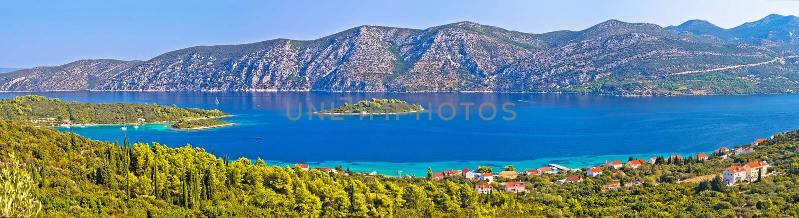 Island of Korcula and Peljesac peninsula channel panoramic view, landscape of southern Dalmatia, Croatia
