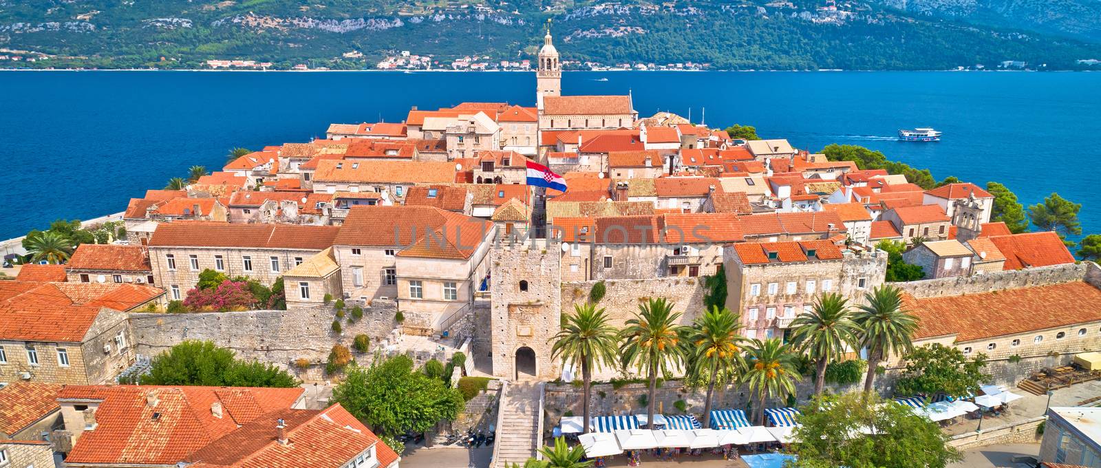 Korcula. Panoramic view of Korcula town gate and historic architecture. Island in south Dalmatia archipelago of Croatia