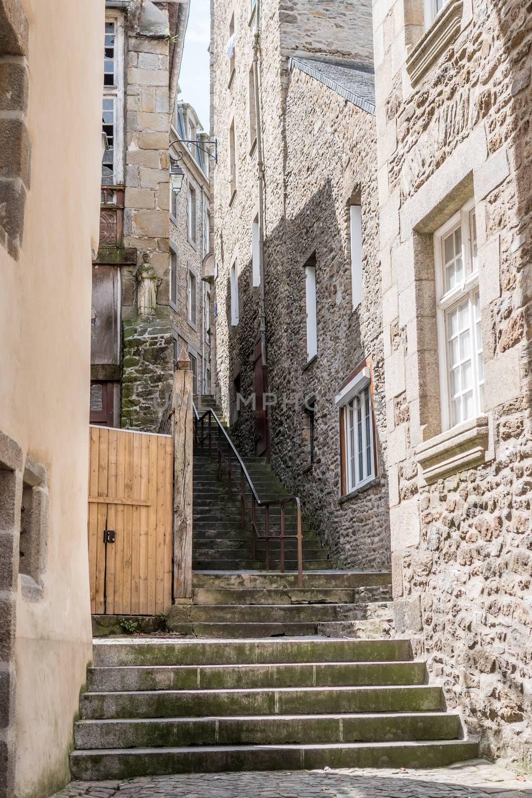 Buildings and stairs in the old part city of Saint Malo, France