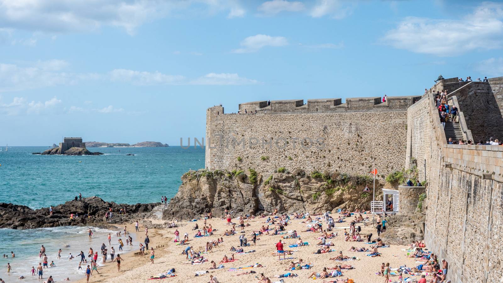 View of beach, fortification in Saint Malo, France