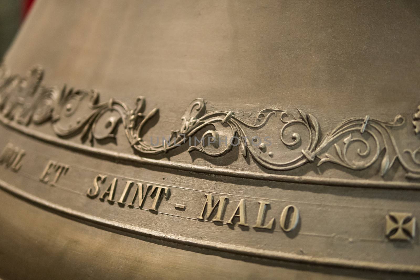 Name of city of Saint Malo engraved on cathedral new bronze bell Saint Malo, France
