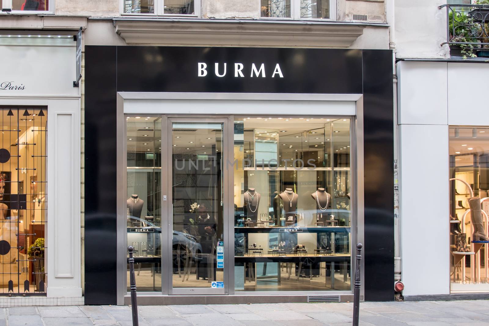 Shop facade on " Rue saint Honoré " of Burma Store in Paris, France, this brand is well known for Luxury jewels.