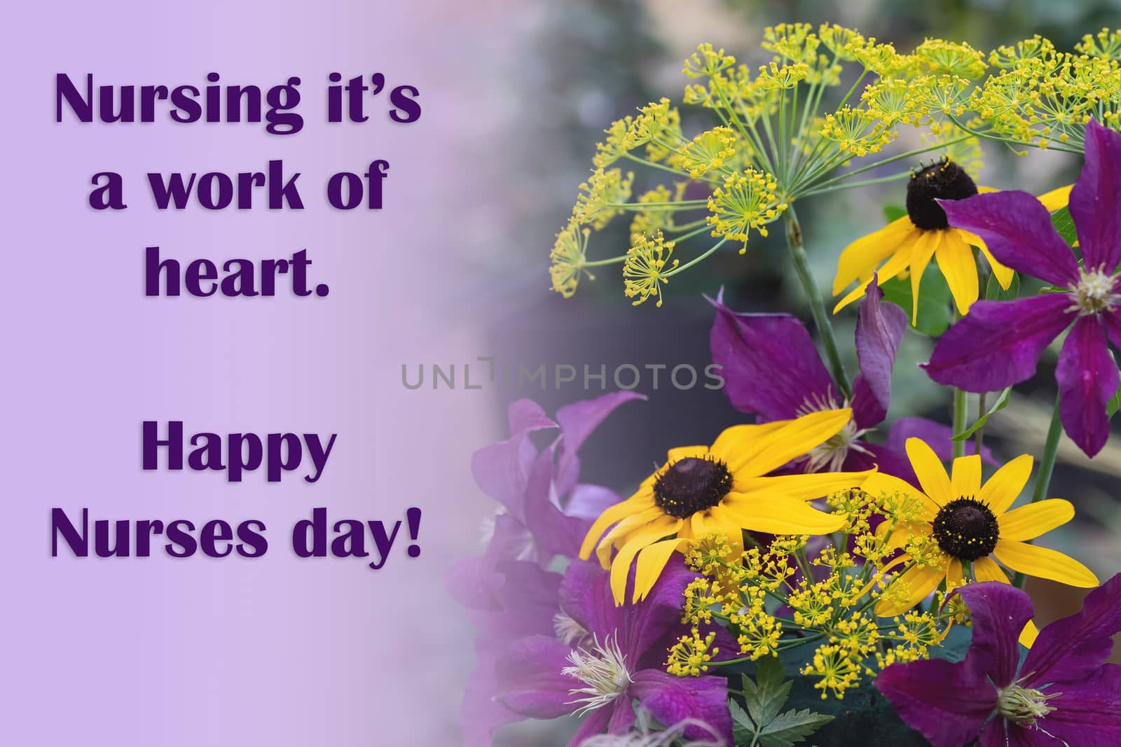 The text of the greeting on the medical holiday-the day of the nurse is written on the background of a beautiful bouquet of flowers. Healthcare and medical concept