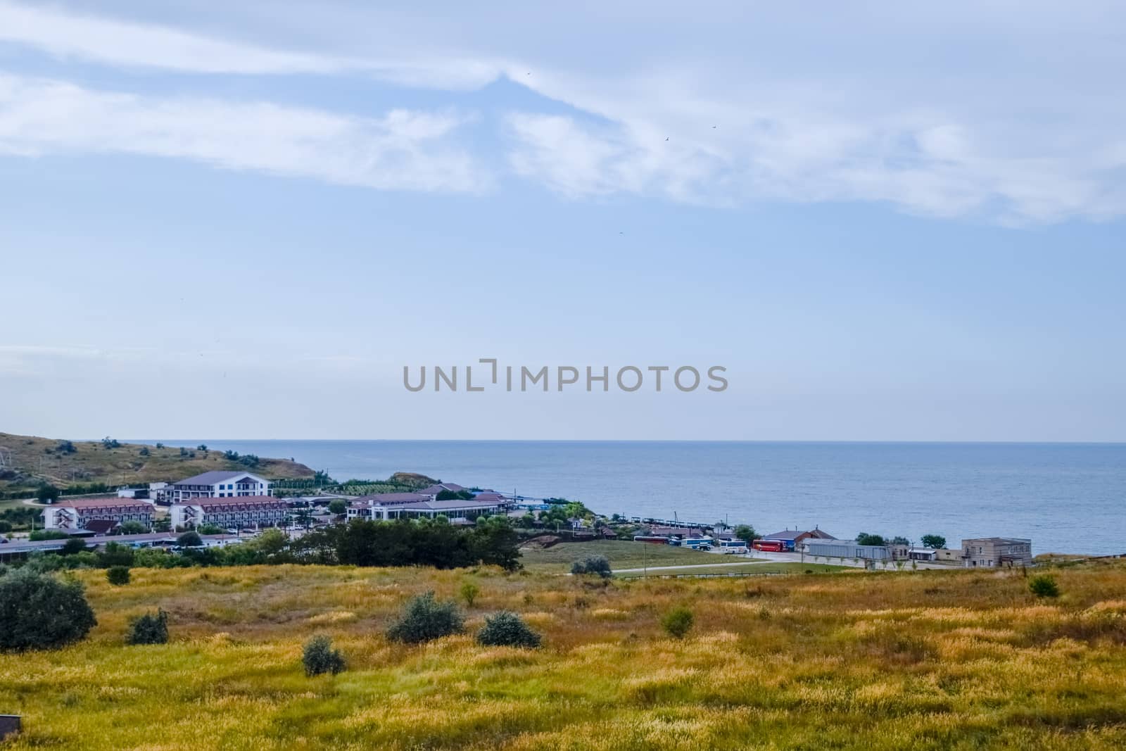 Seaside landscape by the Sea of Azov, the village of For the Motherland.