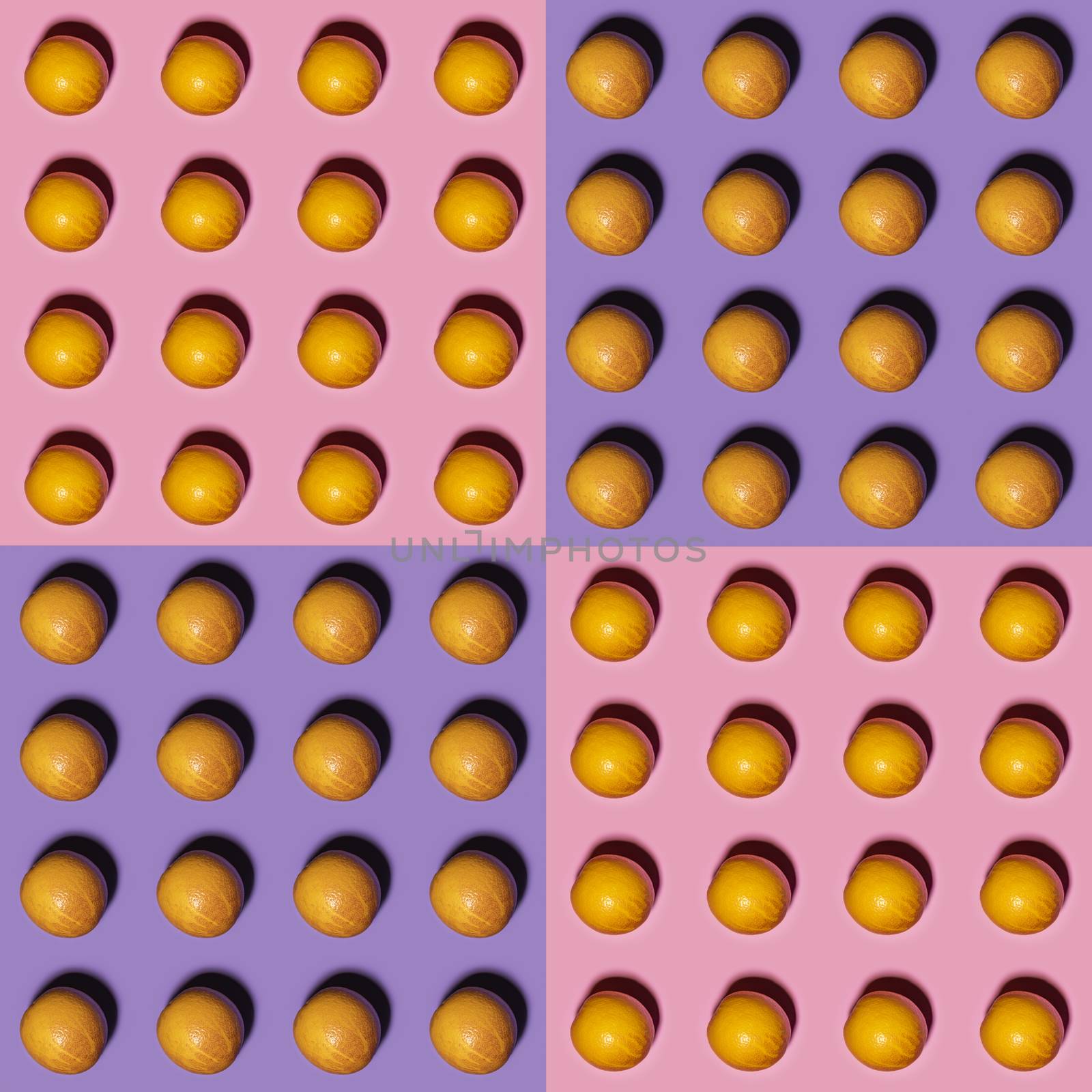 Orange pattern on pink and violet background. Creative food concept. Flat lay.