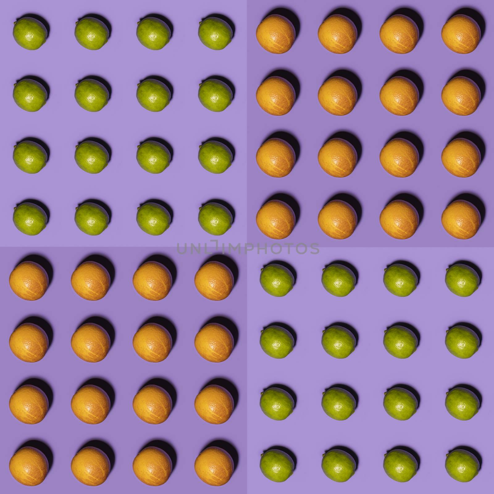 Orange and lime pattern on violet background. Creative food conc by ArtSvitlyna