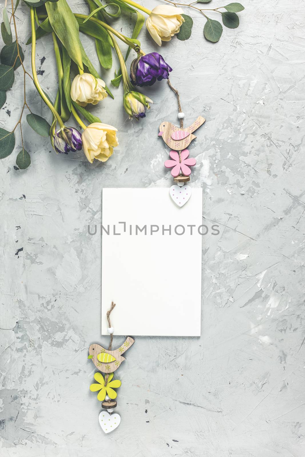 Flowers composition. Tulips flowers, paper blank on gray background. Spring concept. Flat lay, top view, copy space