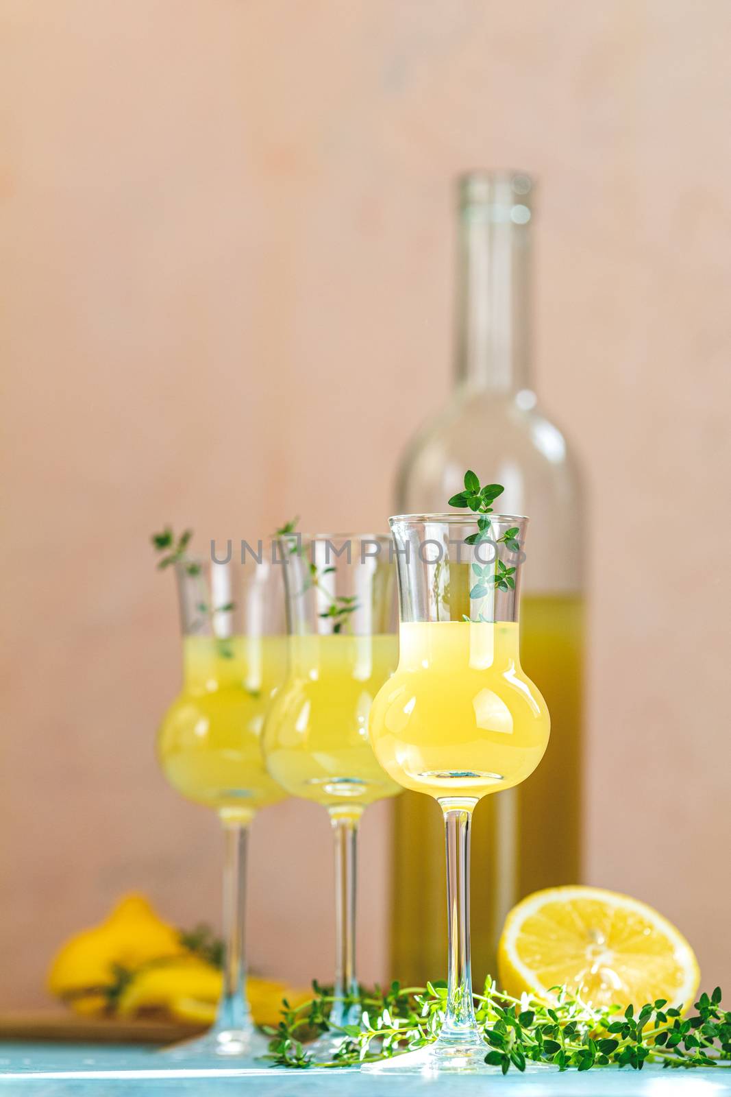 Limoncello with thyme in grappas wineglass with water drops on light concrete table. Artistic still life on light background with sunny light.