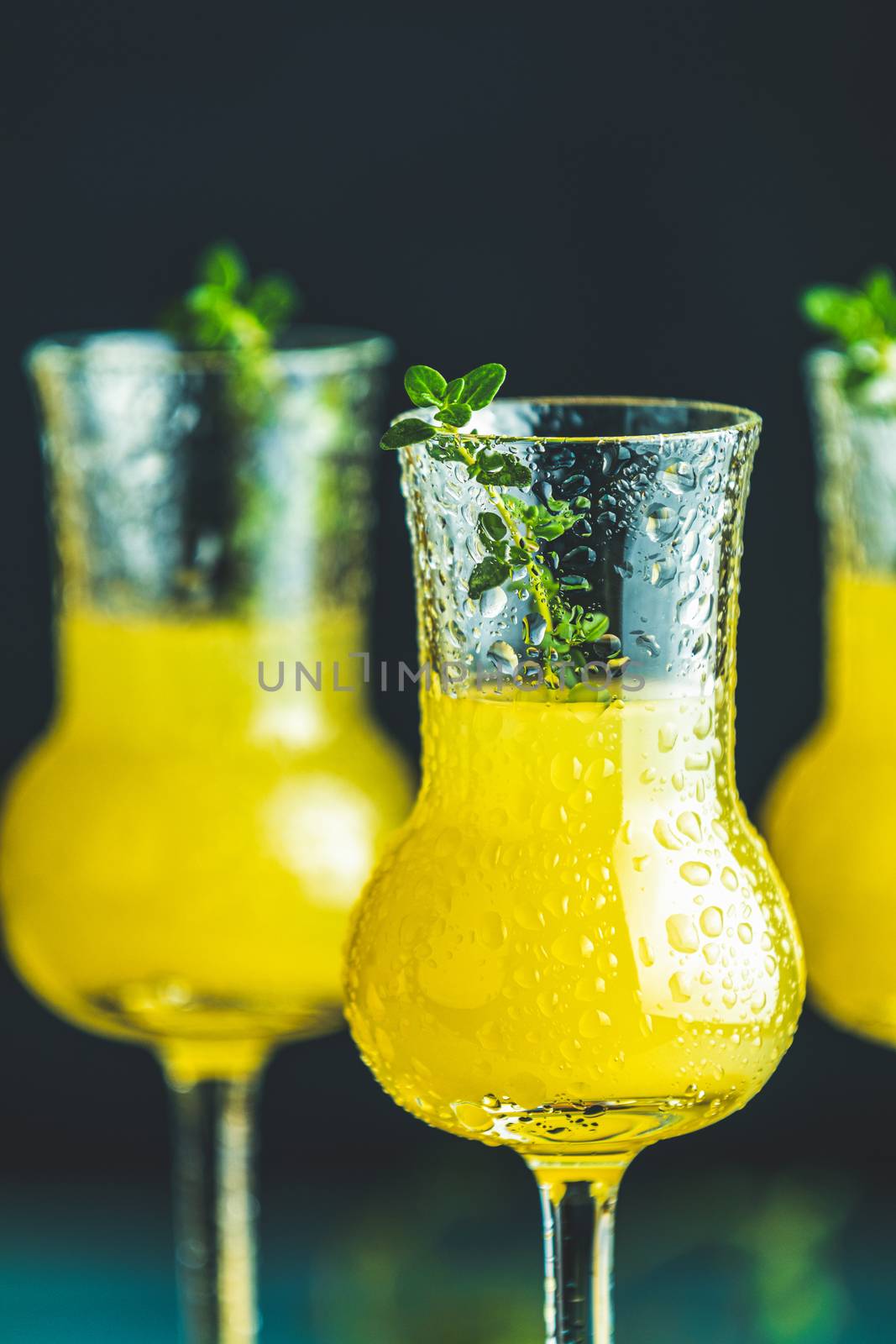 Limoncello with thyme in three grappas wineglass with water drop by ArtSvitlyna