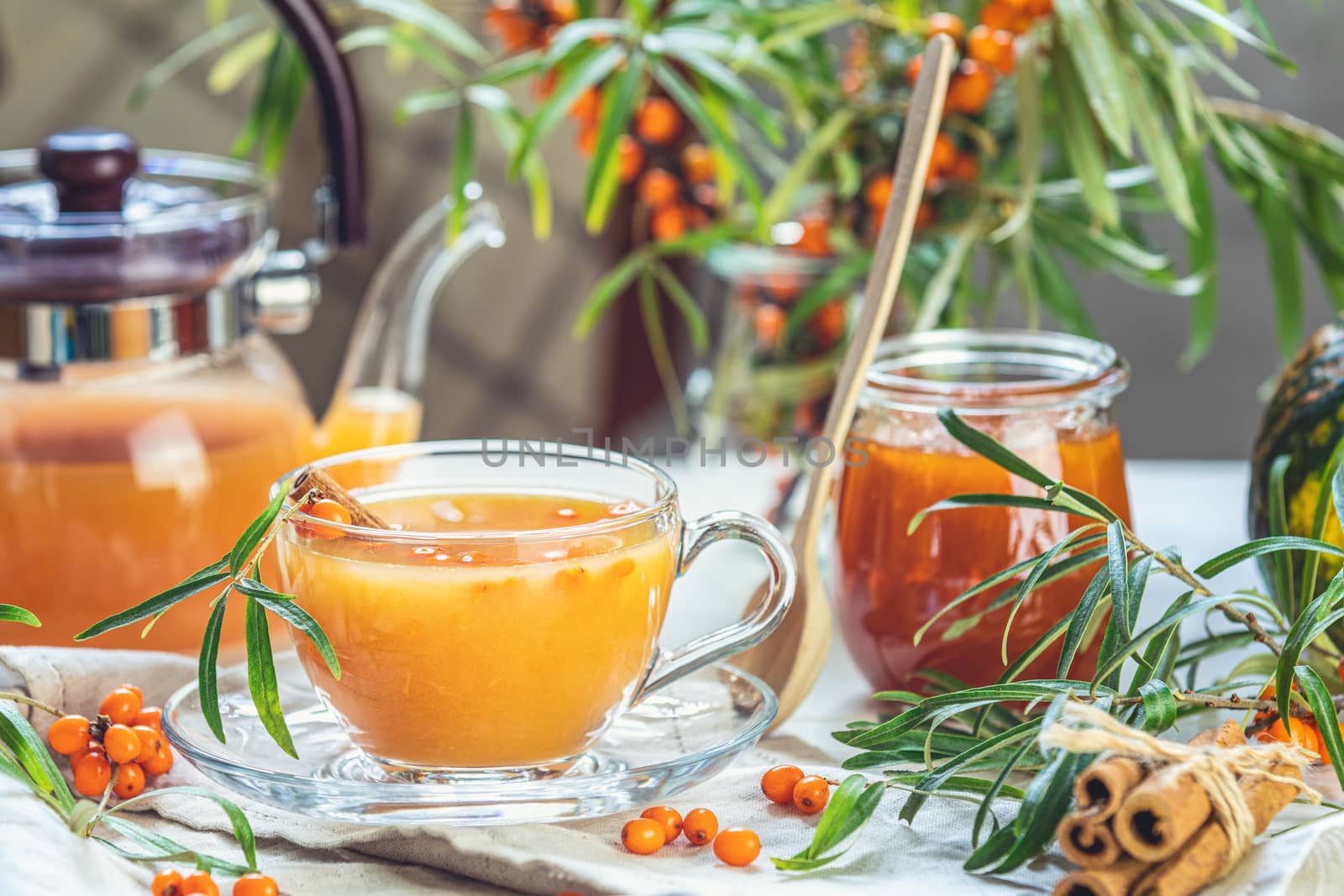 Cup and teapot of hot spicy tea with sea buckthorn, jam in the glass jar, branches of fresh berries on light woden table surface in the rustic room