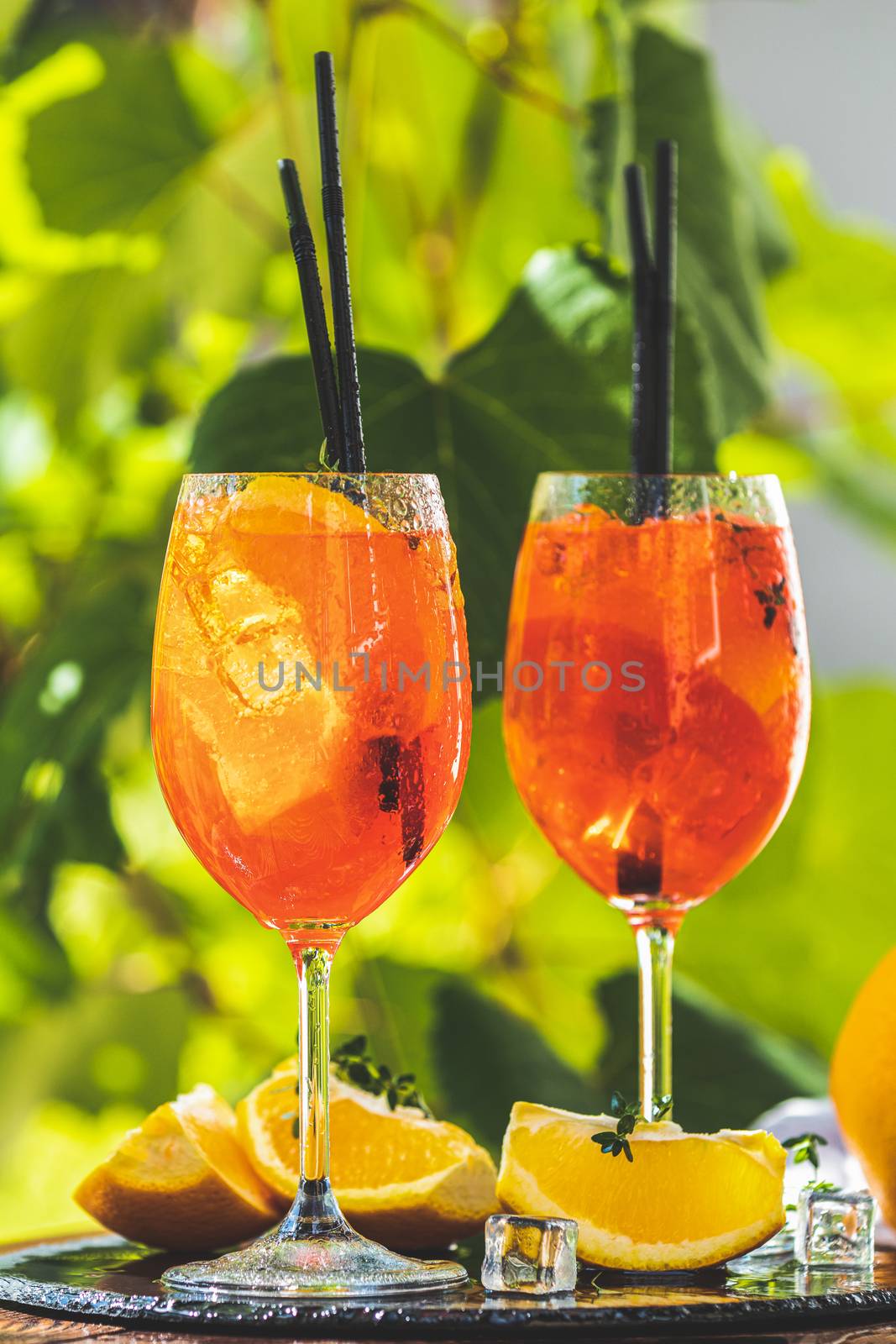 Two Aperol spritz cocktail in big wine glass with oranges, summer Italian fresh alcohol cold drink. Sunny garden with vineyard background.