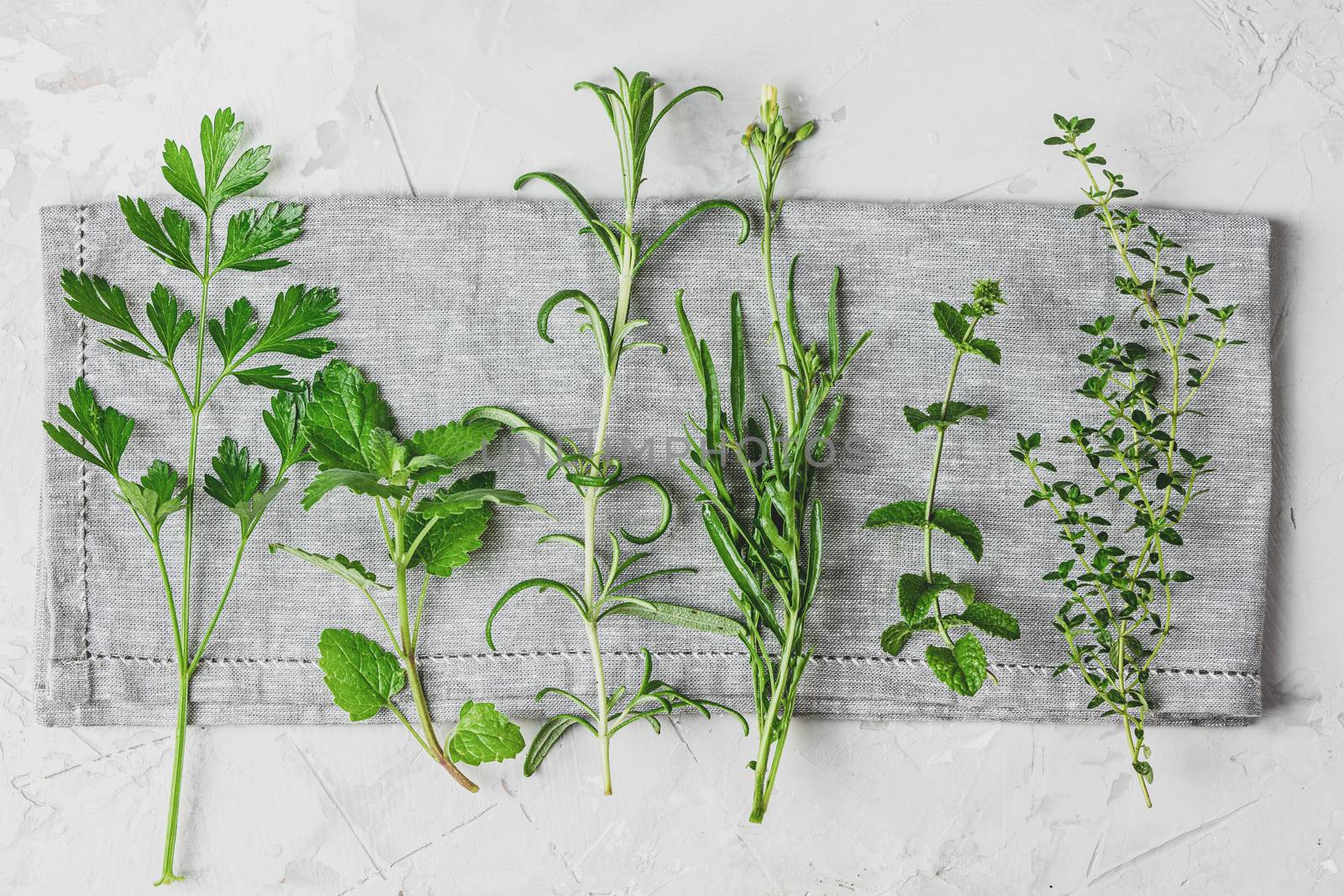 Herbs and spices. Fresh herbs selection included rosemary, thyme, mint, lemon balm, parsley and arugula. Overhead view, copy space