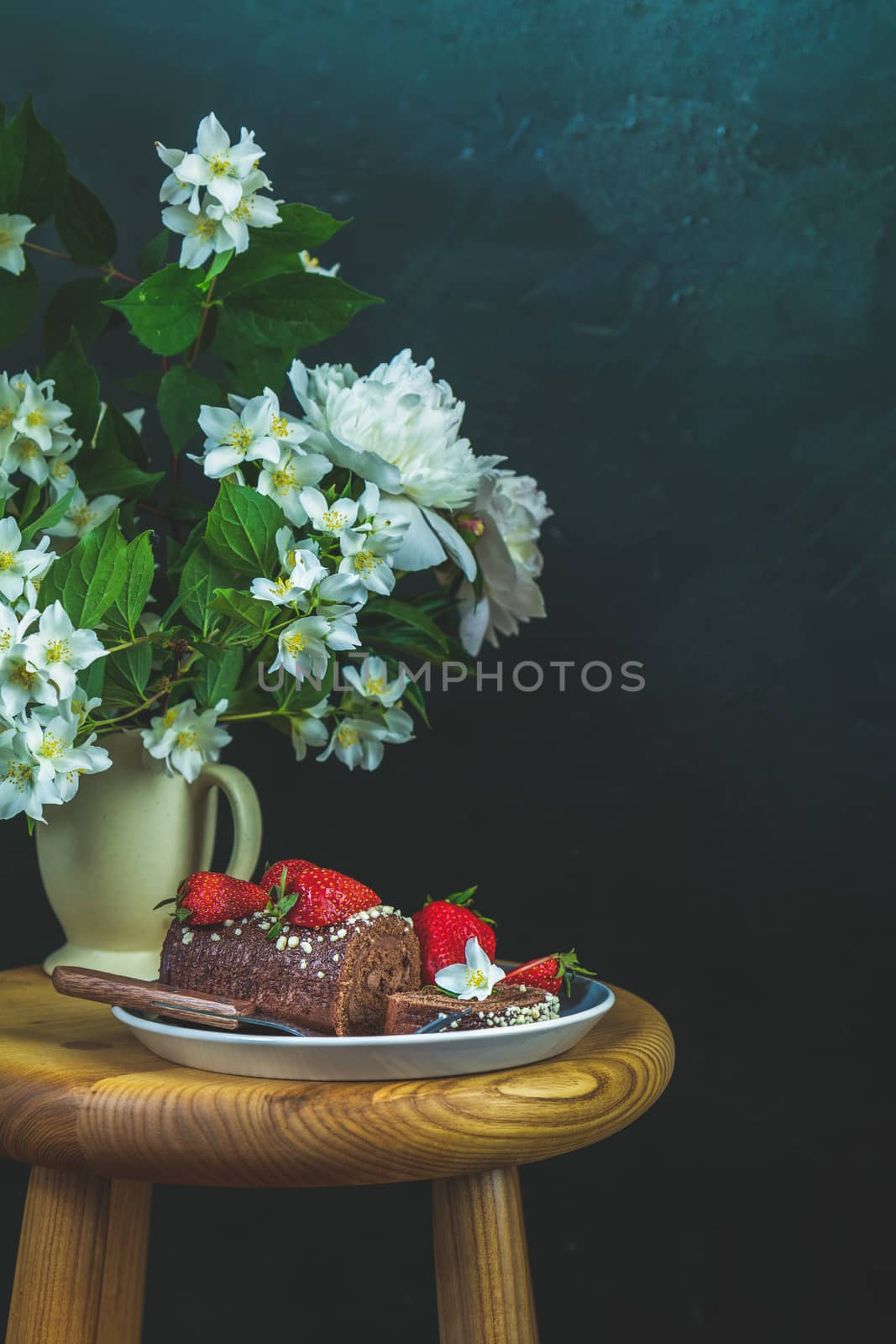 Chocolate roll cake with fresh strawberries by ArtSvitlyna