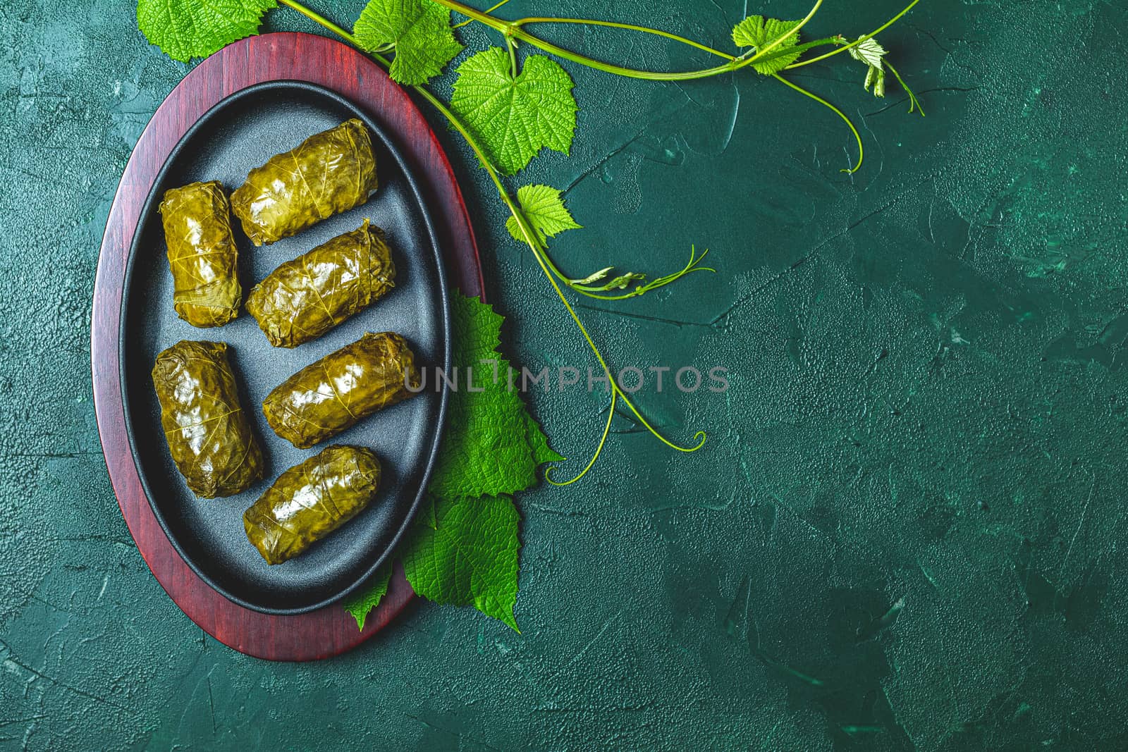 Traditional Middle Eastern dolma or tolma or sarma. Latin American Mexican Chilean cuisine ninos envueltos. Grape leaves stuffed with meat and rice. Lebanon turkish greek middle eastern cuisine.