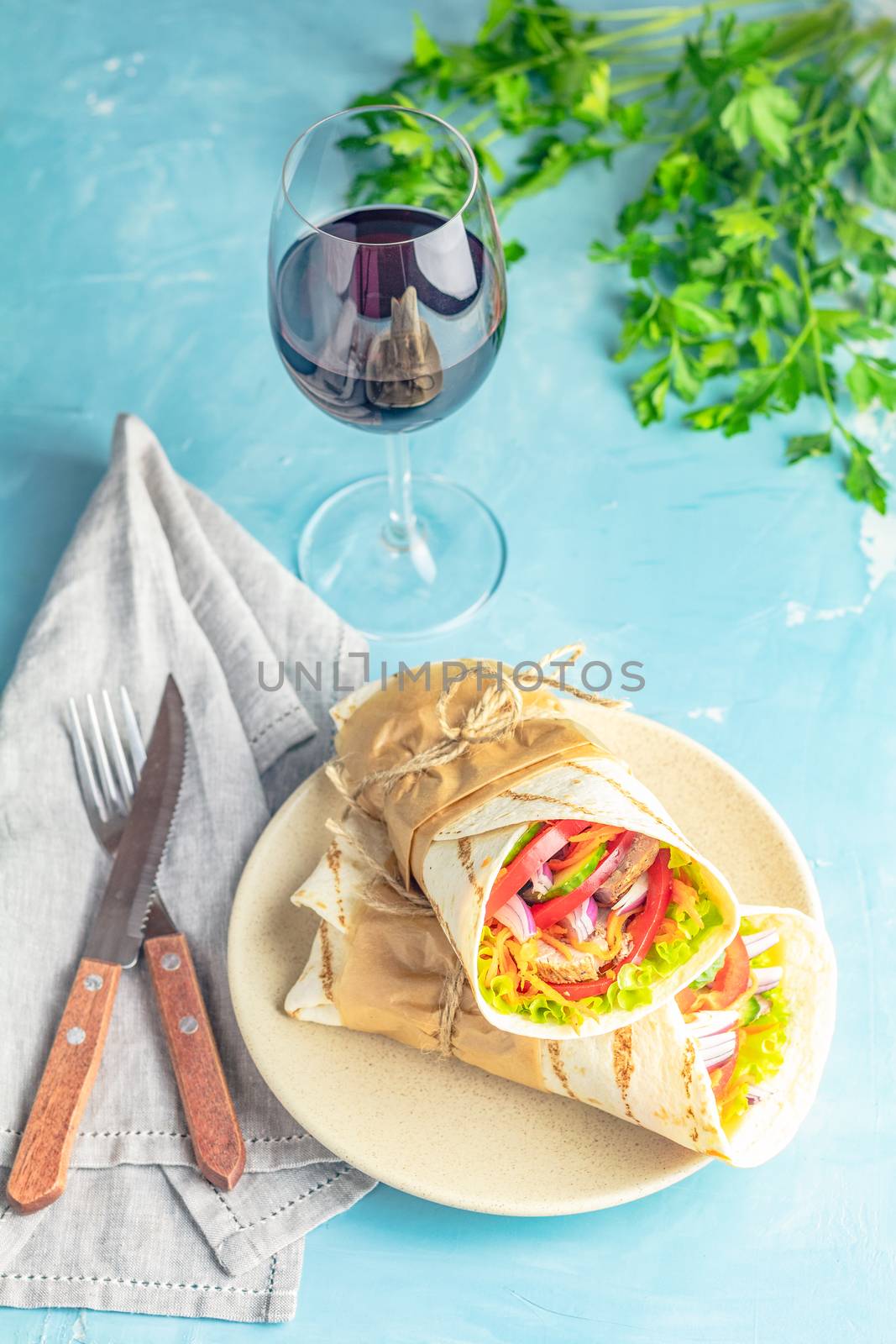 Shawarma sandwich gyro fresh roll of lavash (pita bread) chicken beef shawarma falafel RecipeTin Eats Filled with grilled meat, vegetables, cheese. Traditional Middle Eastern snack served with wine