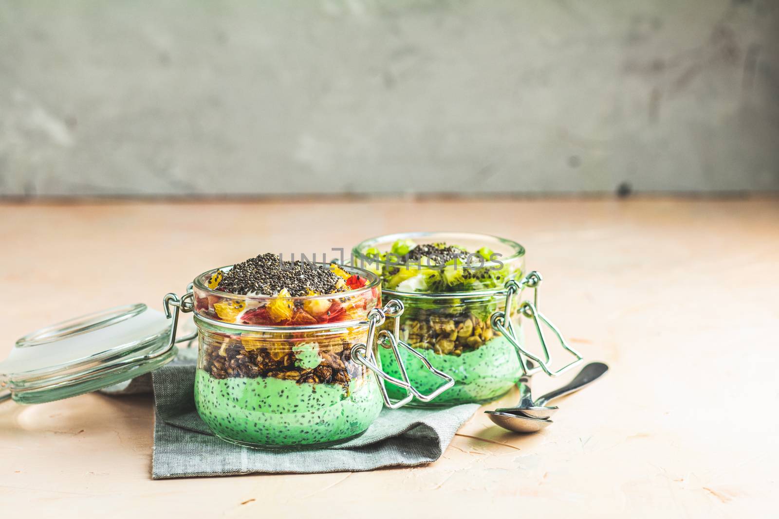 Two chia seed pudding with matcha green tea by ArtSvitlyna