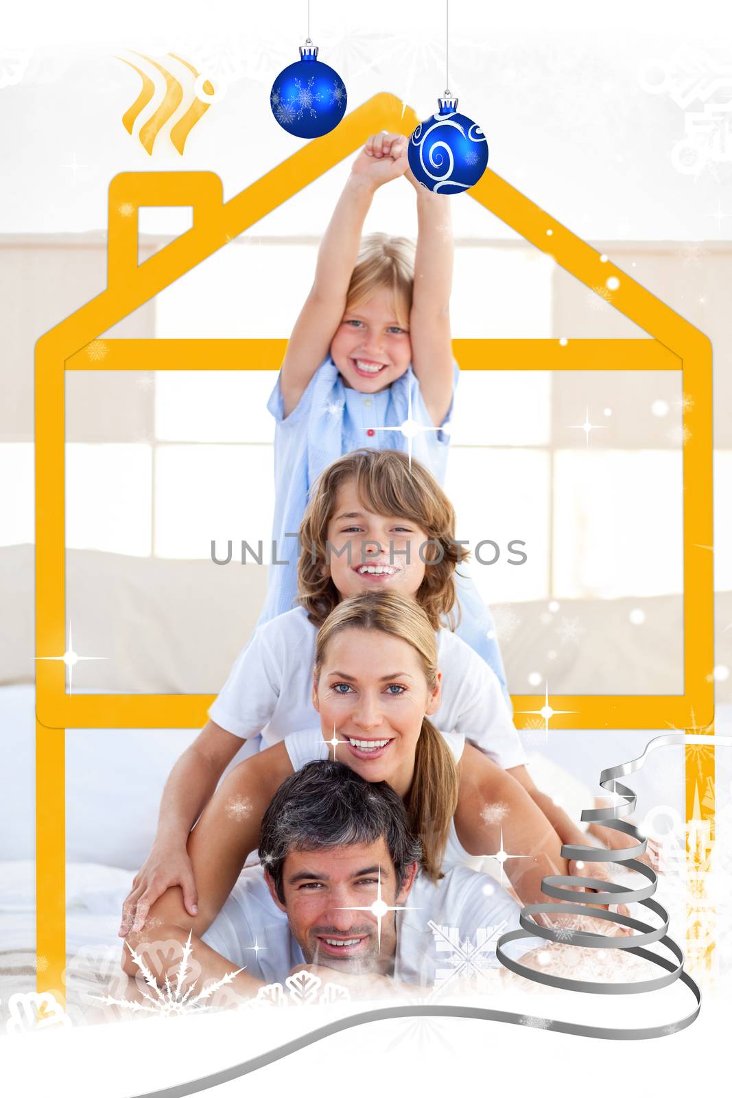 Family having fun with yellow drawing house by Wavebreakmedia