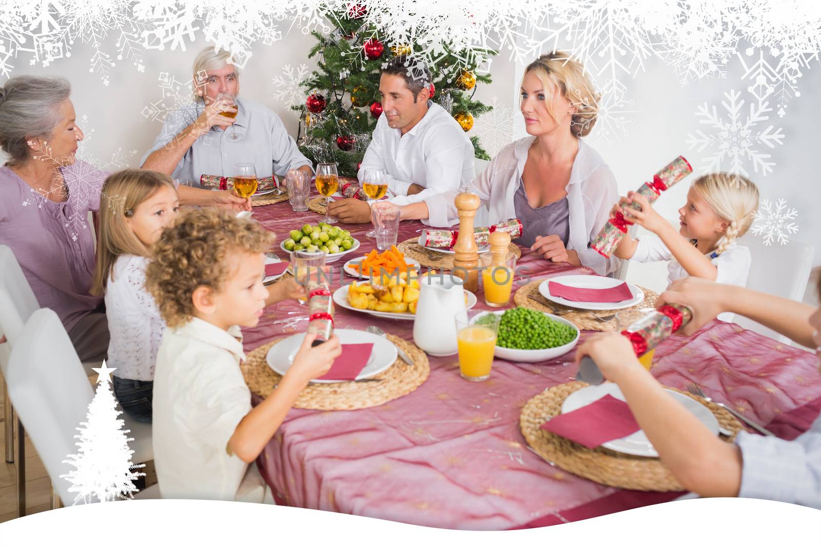 Family having christmas dinner against fir tree forest and snowflakes