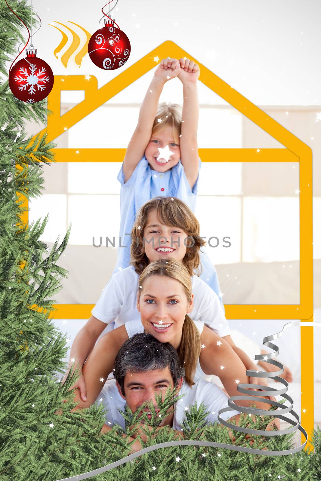 Family having fun with yellow drawing house against twinkling stars