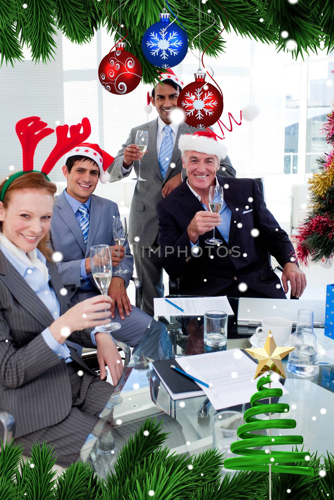 Manager and his team toasting with Champagne at a Christmas party against snow falling