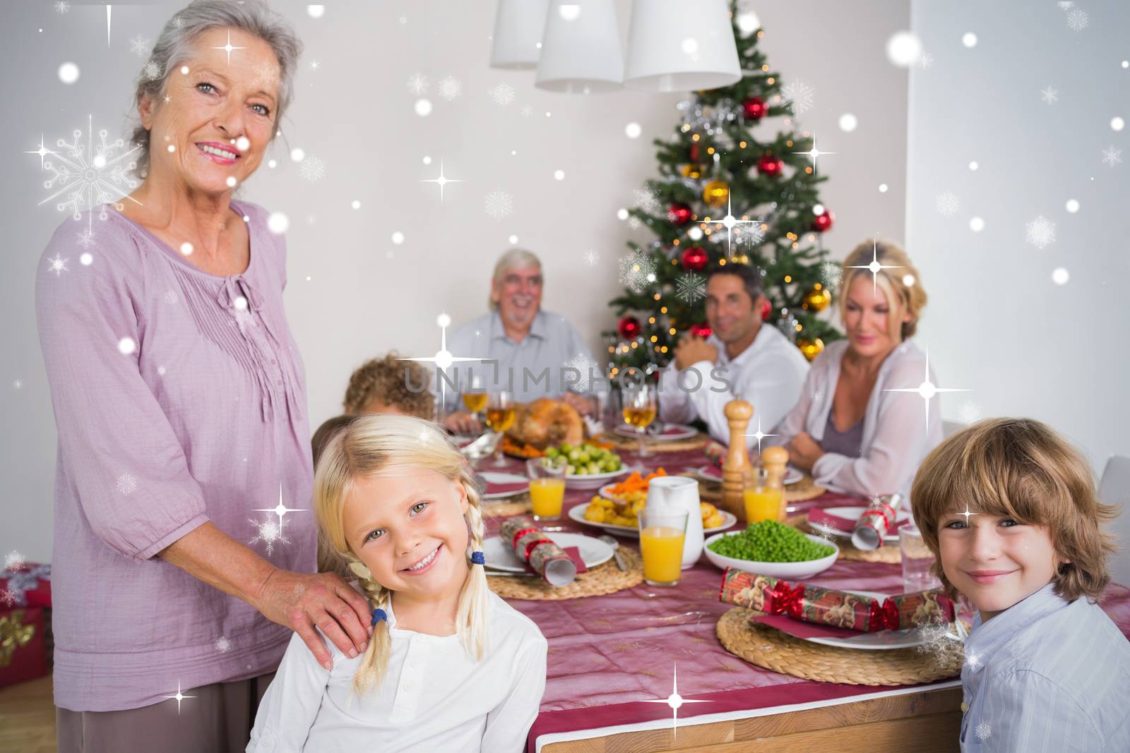 Composite image of Grandmother and granddaughter standing beside the dinner table against snow falling