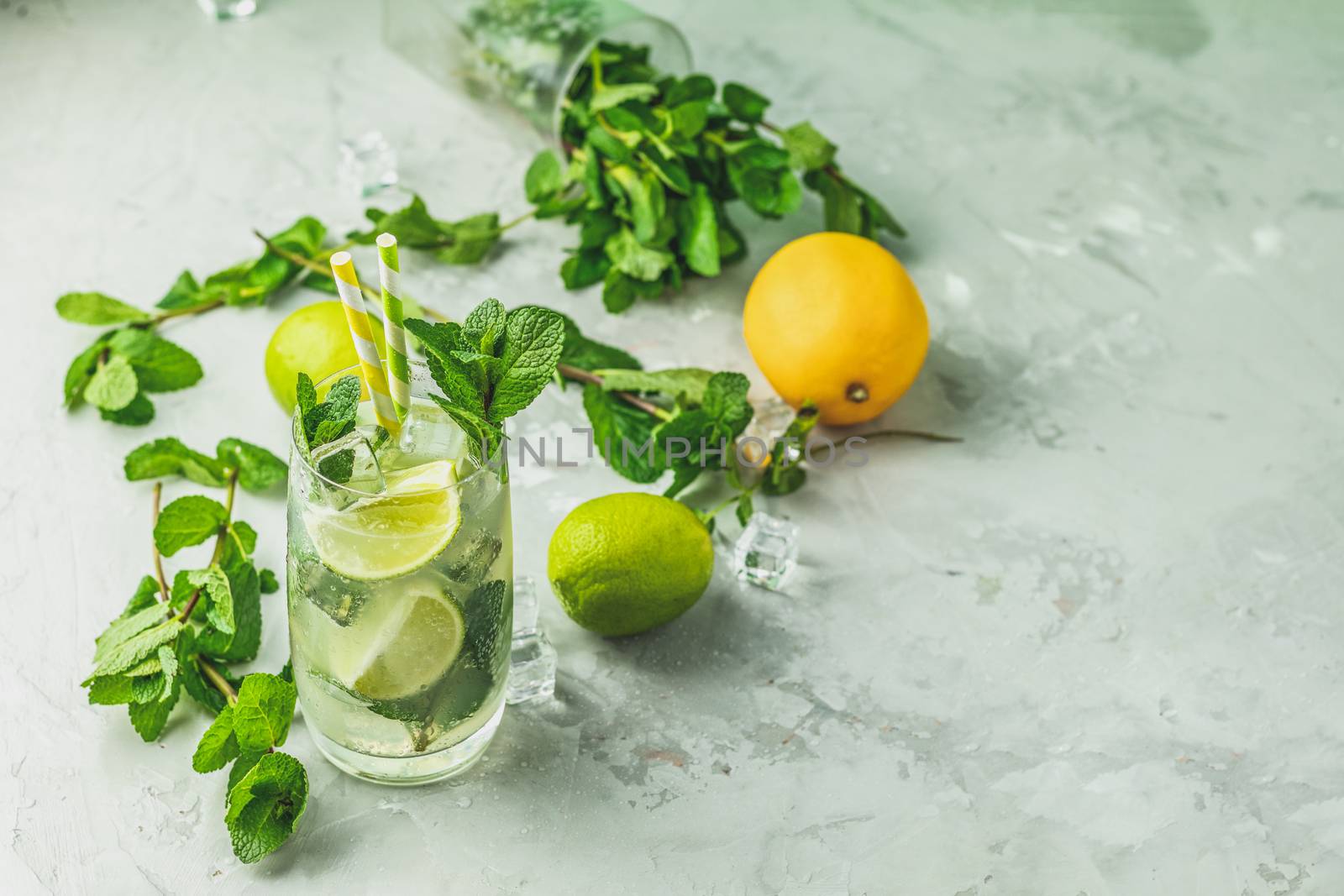 Mojito cocktail with lime and mint in highball glass on a gray and green concrete stone surface background. With copy space for your text