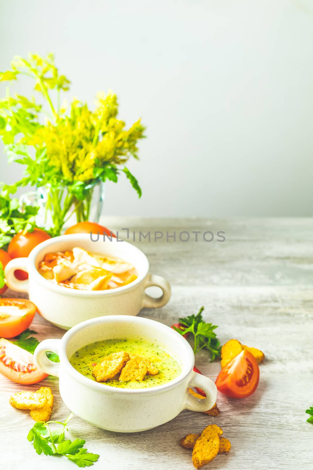 Vegetables soup with carrot, eggs and chicken, mushroom cream so by ArtSvitlyna