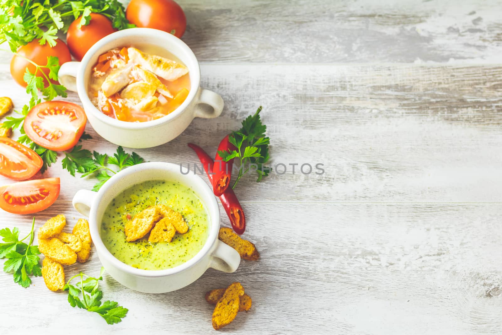 Vegetables soup with carrot, eggs and chicken, mushroom cream so by ArtSvitlyna