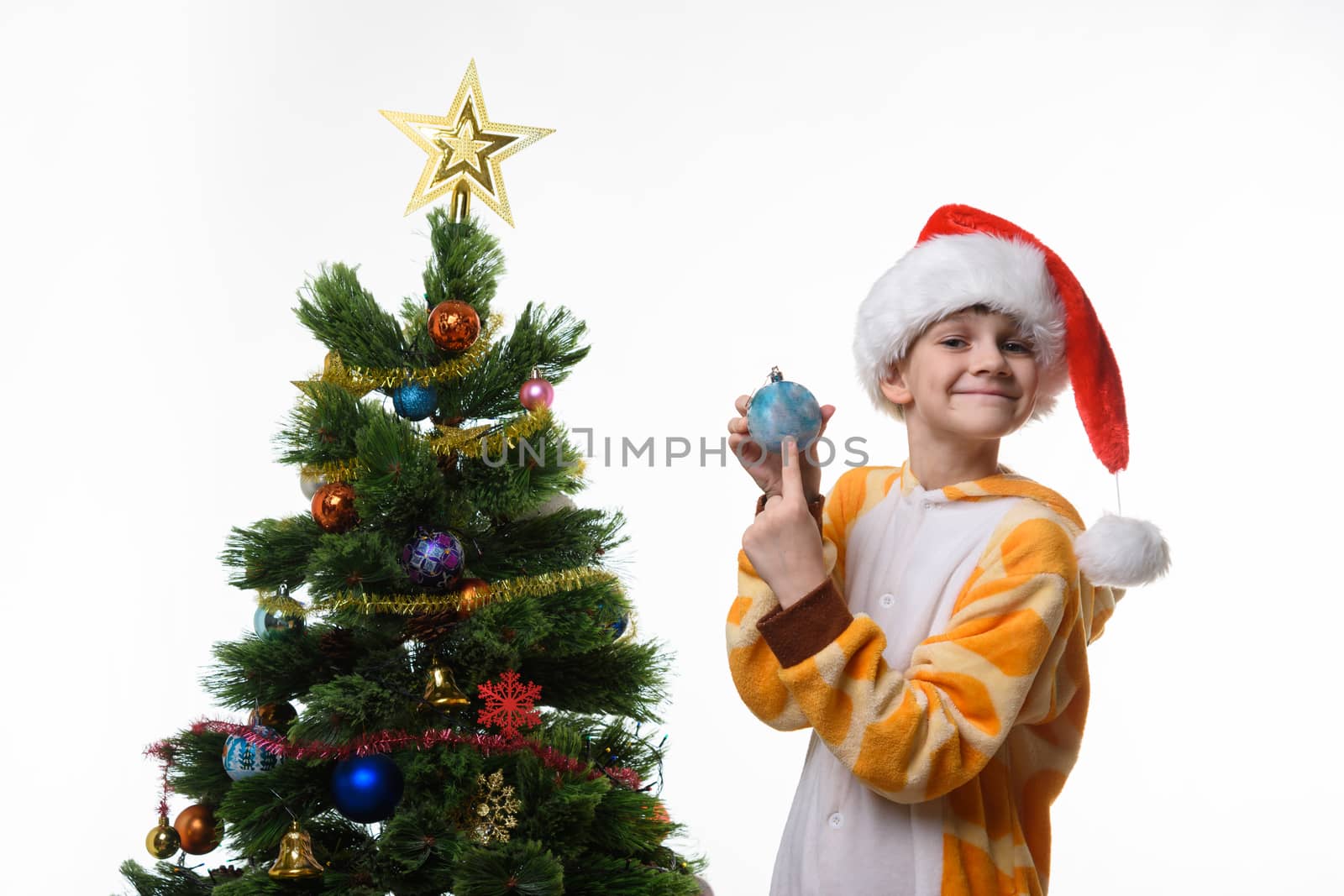 The girl at the Christmas tree shows a Christmas toy