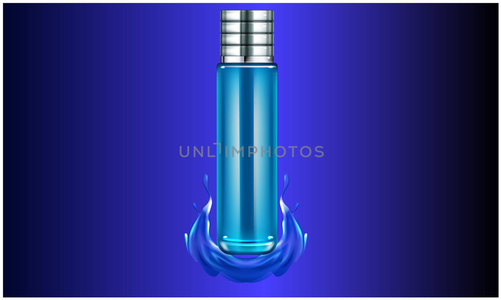 mock up illustration of long glass bottle perfume on blue liquid background