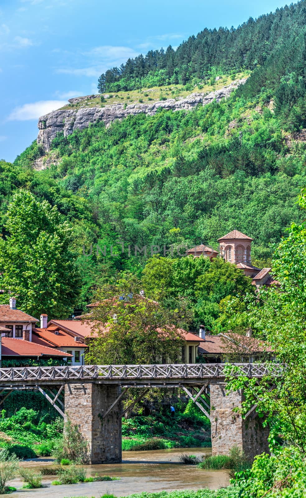 Vladischkiyat bridge over the Yantra River near Veliko Tarnovo Fortress, Bulgaria. Big size panoramic view on a sunny summer day