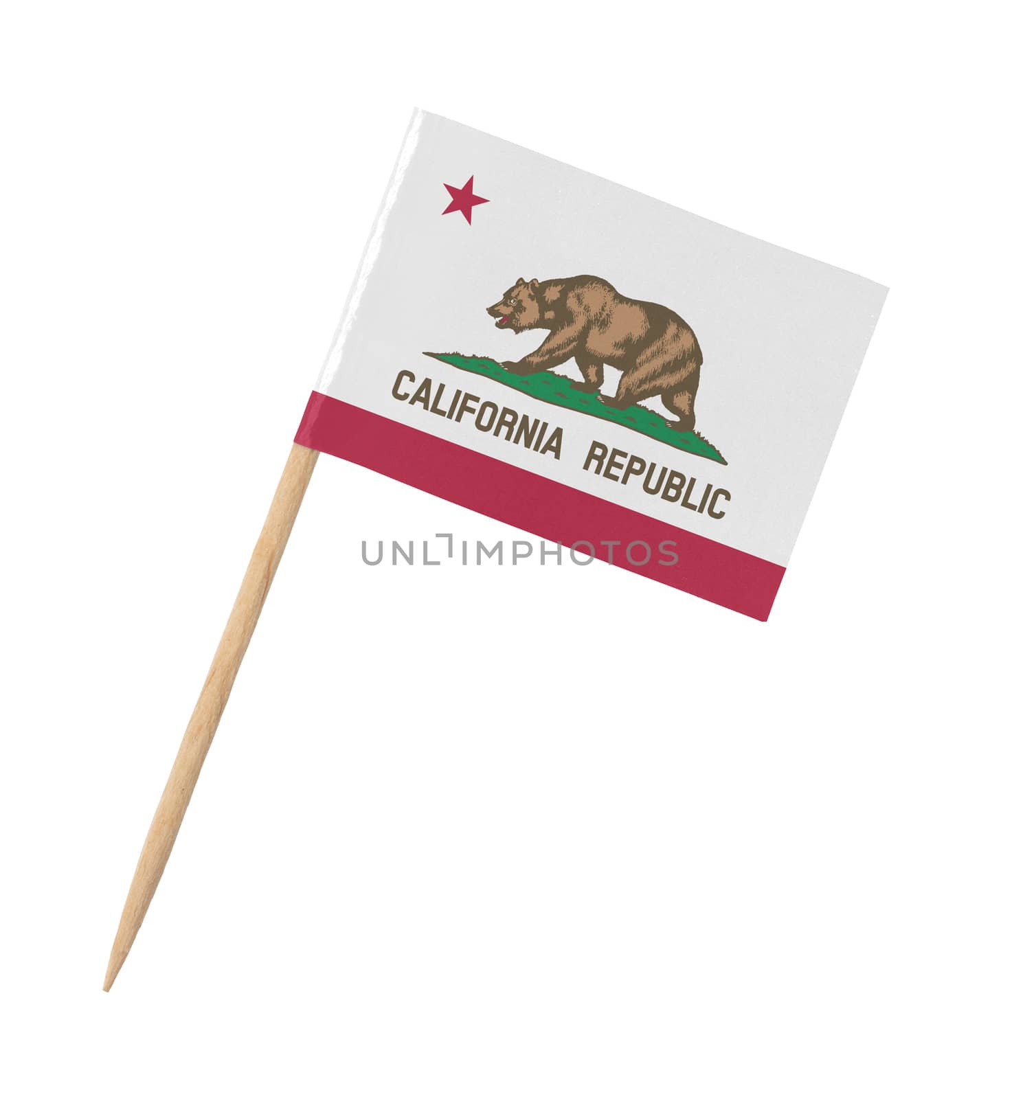 Small paper US-state flag on wooden stick - California - Isolated on white
