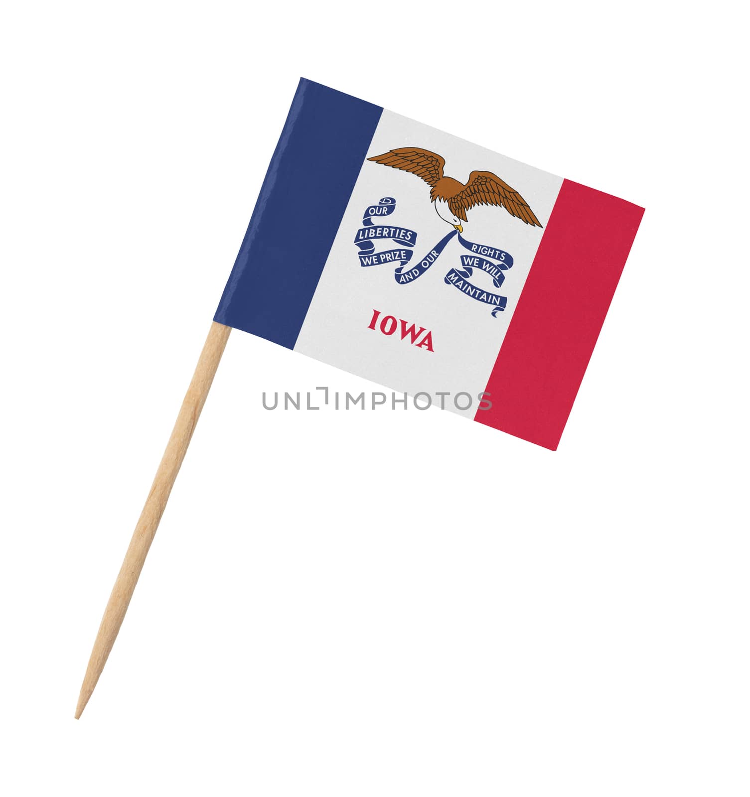 Small paper US-state flag on wooden stick - Iowa - Isolated on white