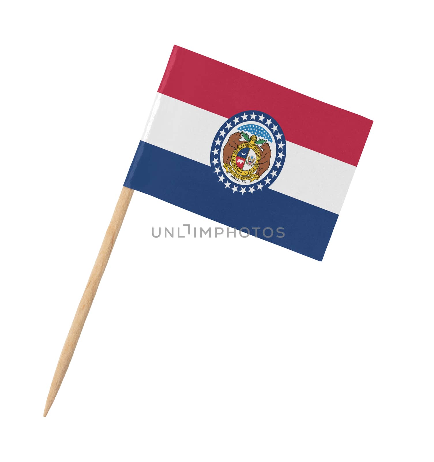 Small paper US-state flag on wooden stick - Missouri- Isolated on white