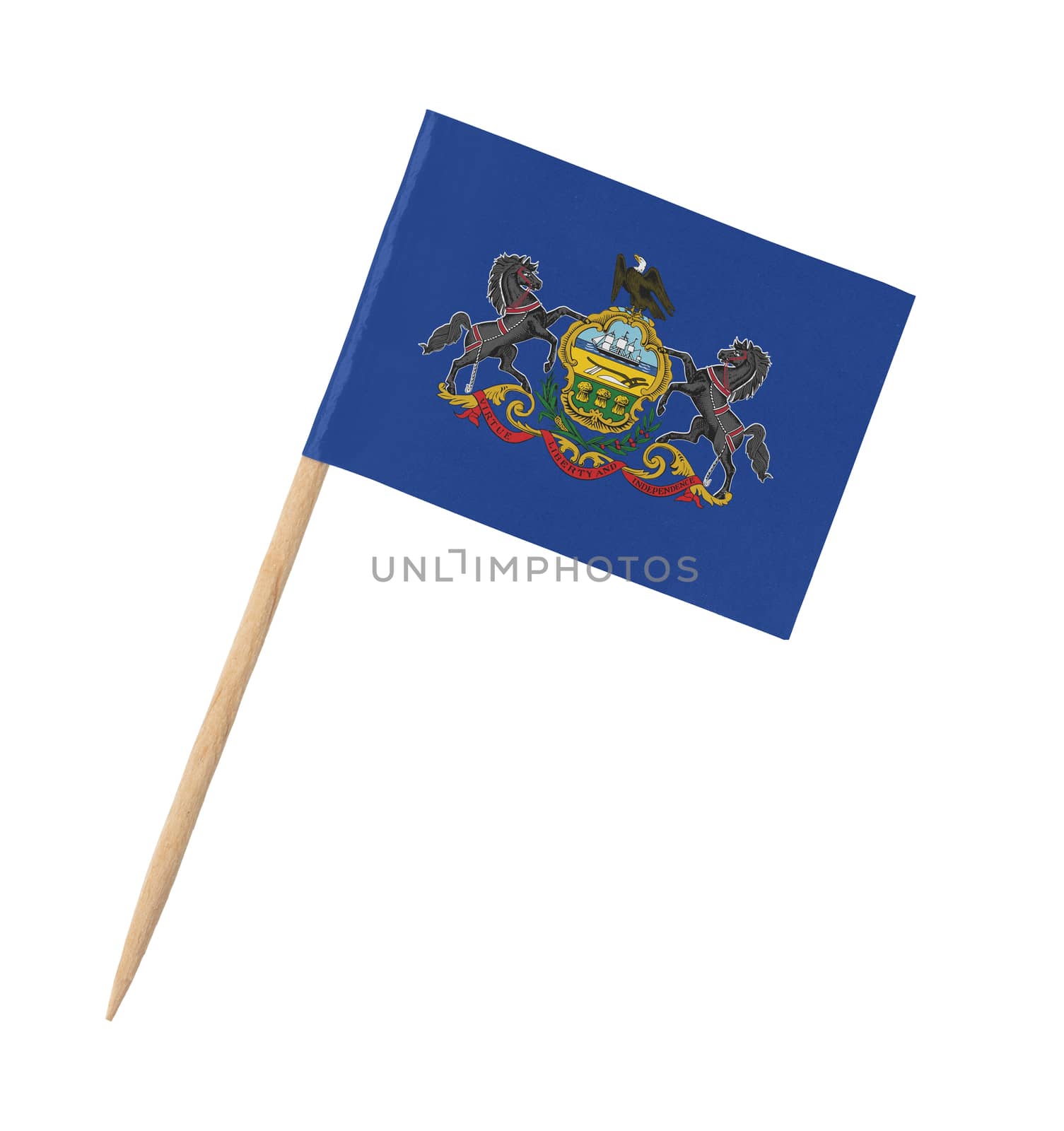 Small paper US -state flag on wooden stick - Pennsylvania - Isolated on white