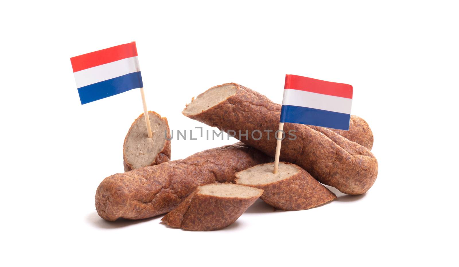 Chopped up frikadel, a Dutch fast food snack, isolated