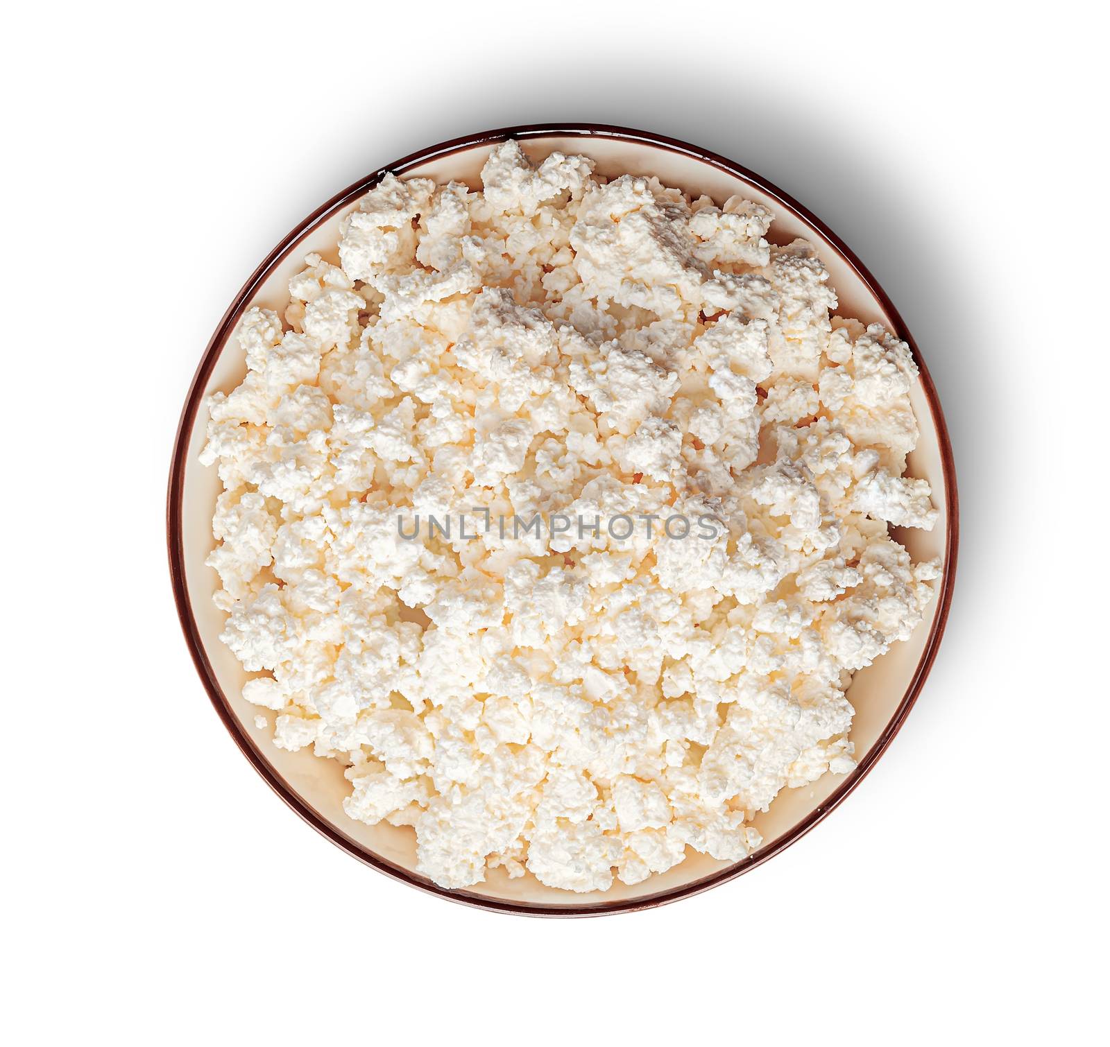 Cottage cheese in bowl top view isolated on white background