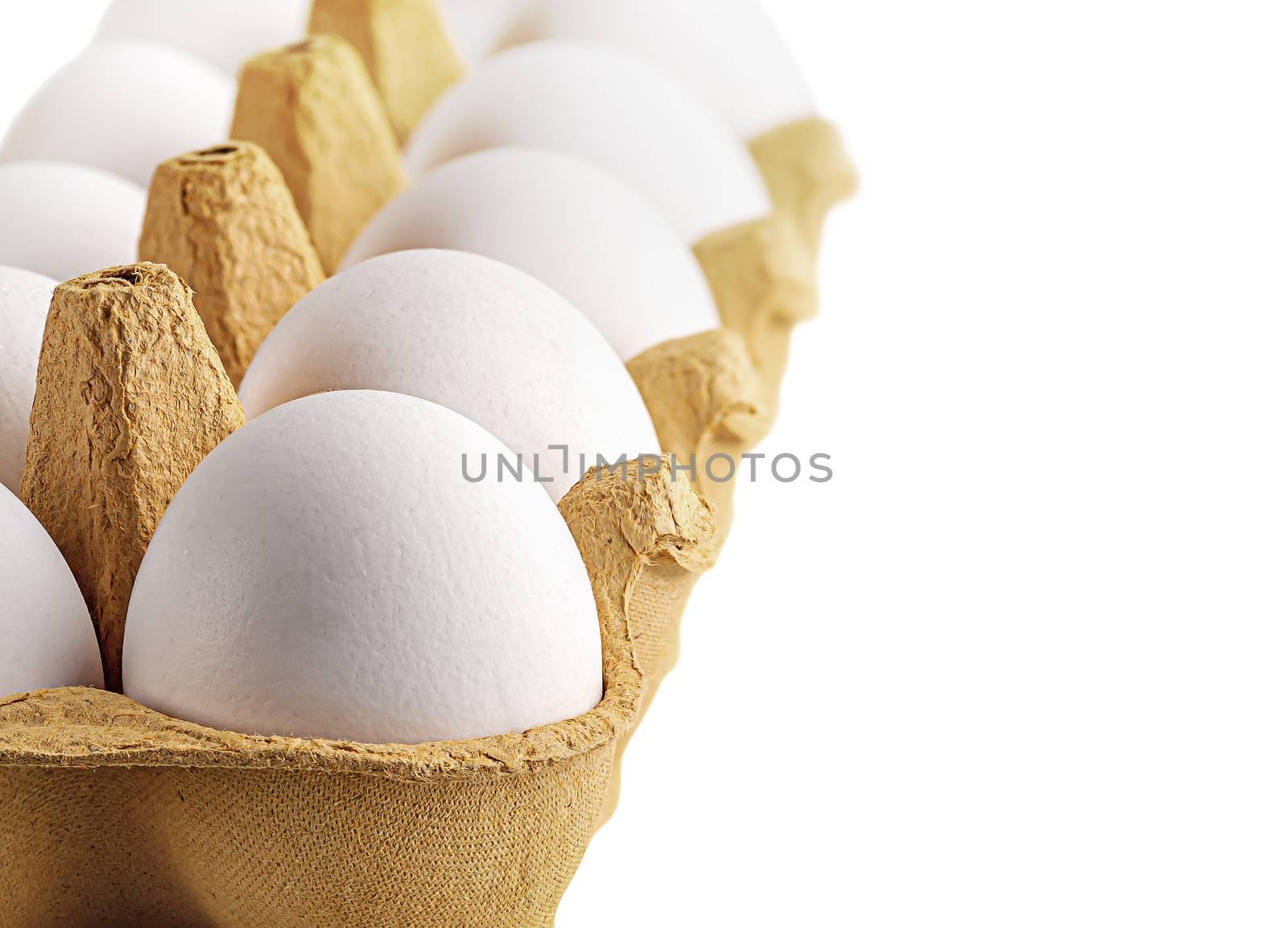 White eggs in tray perspective isolated on white background