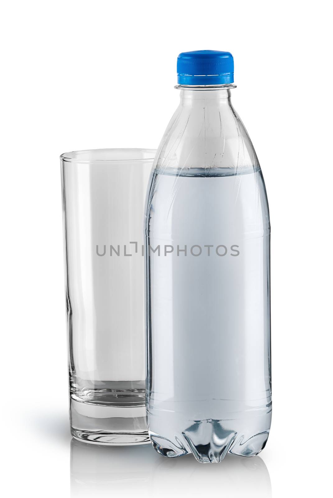 Empty glass and plastic bottle. Closed water bottle. Isolated on white background.