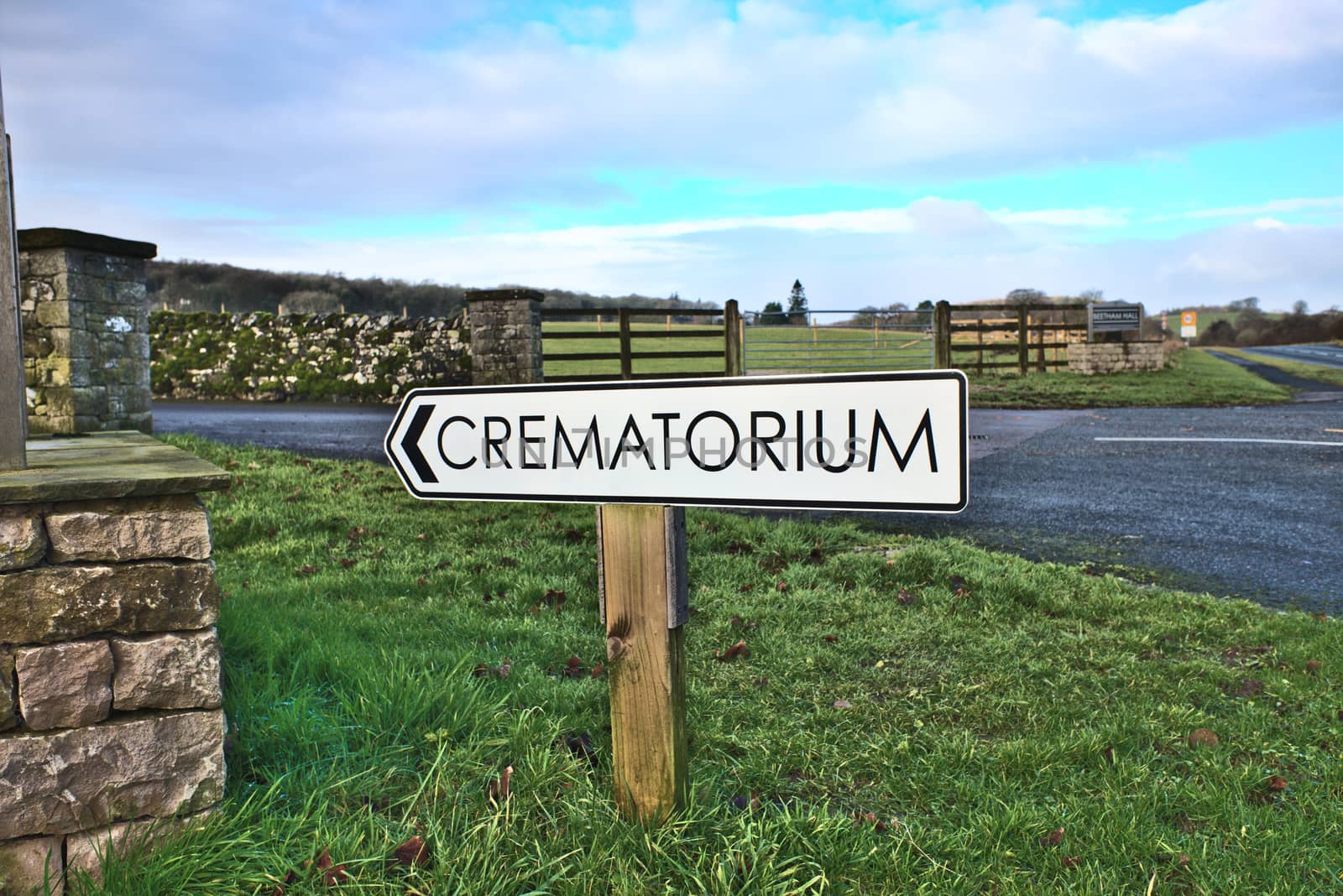 Crematorium sign at Beetham Hall Cumbria UK by paddythegolfer