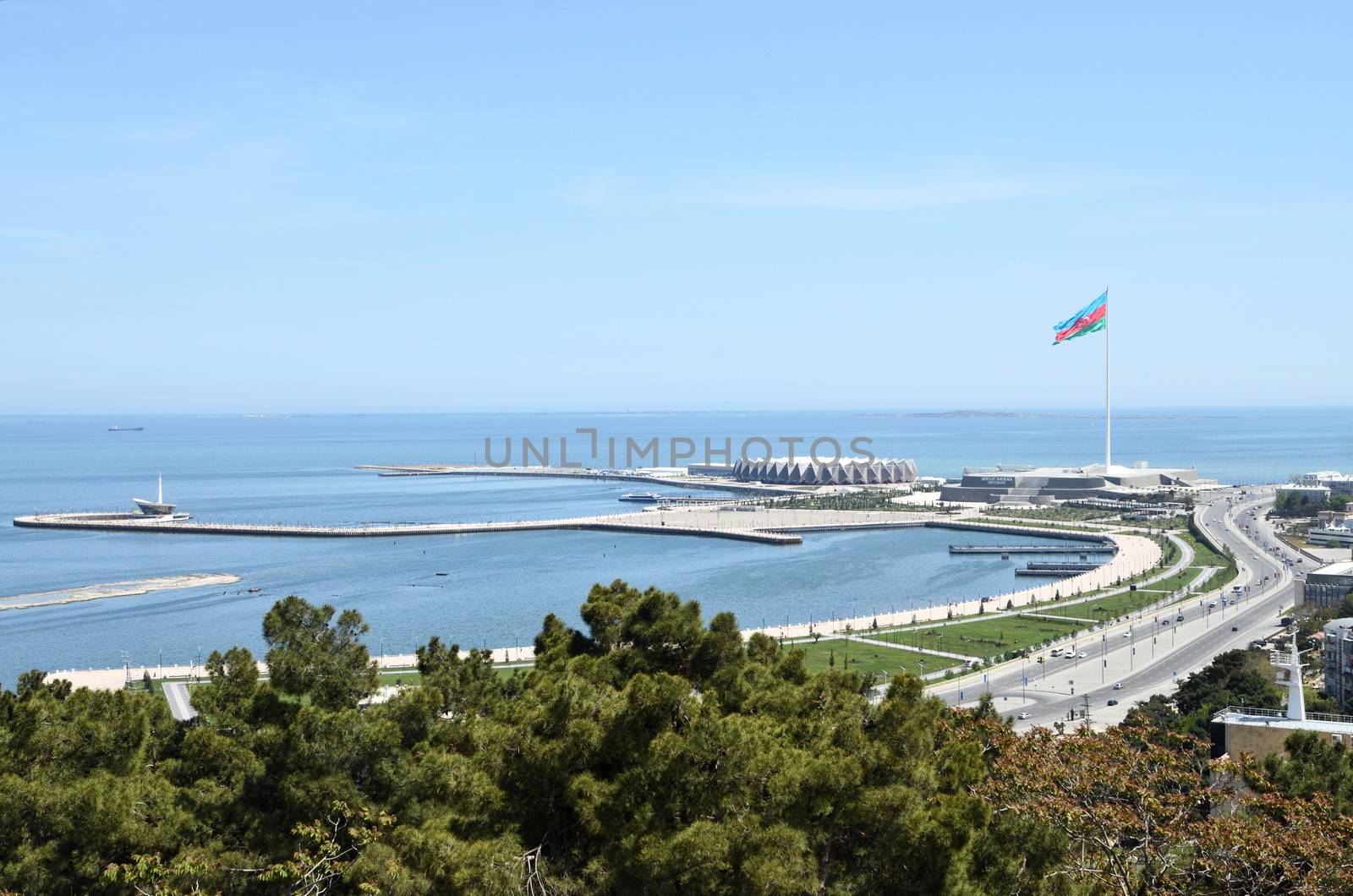 Baku.Azerbaijan.Flag Square.Crystal Hall.Mayak.View on the coastal bay of the capital on the Caspian Sea.This is the Baku Boulevard,it is visited by locals and tourists.A wonderful view from the Observation Wheel of the whole city.Inside the sea restaurant Mayak.Crystal Hall was where Eurovision was held and other significant events.
