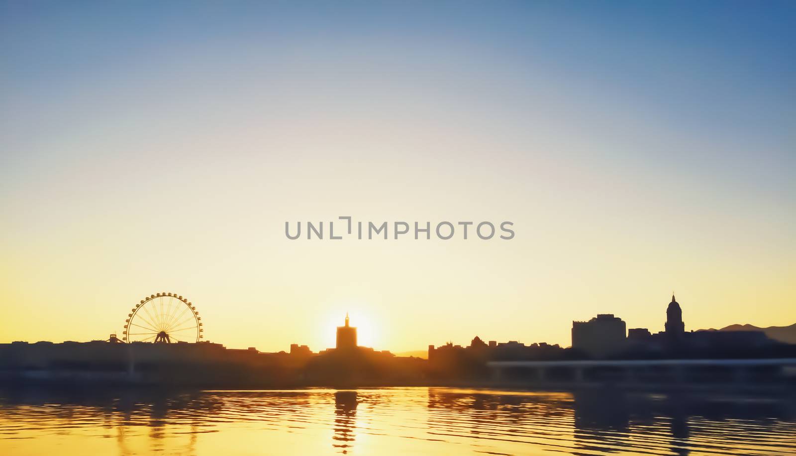 View of the Port of Malaga, the capital city of Andalucia region in Spain at sunset, travel