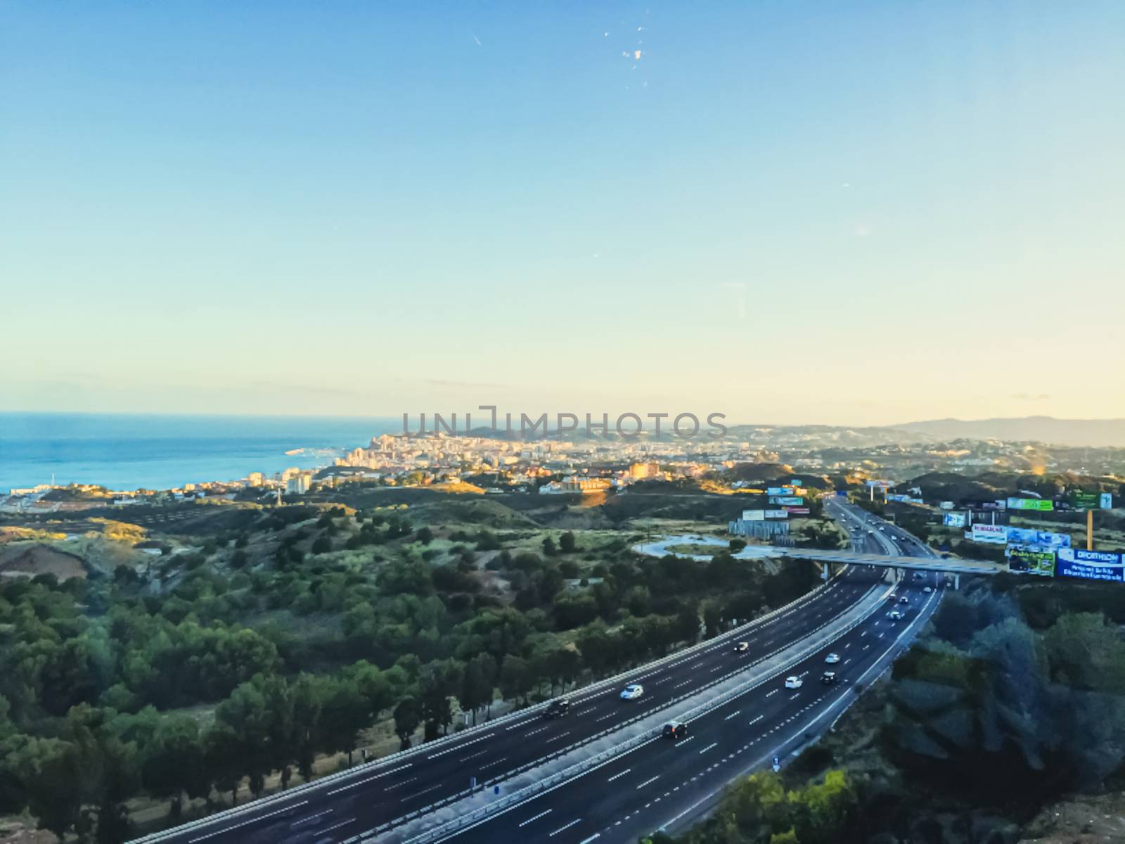 Aerial view of Andalucia region in Spain and Mediterranean Sea, beautiful nature in summer at sunset
