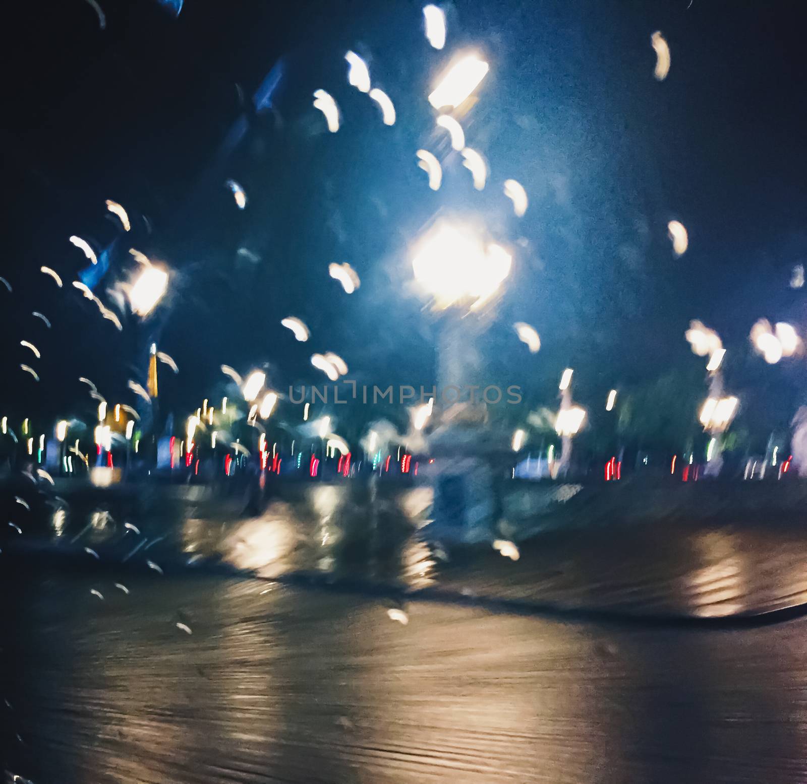 Abstract night city scene in Paris, France, motion blurred lights by Anneleven